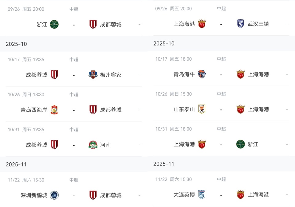 余对手情况, 上海海港, 客战青岛西 余对手情况, 上海海港, 客战青岛西